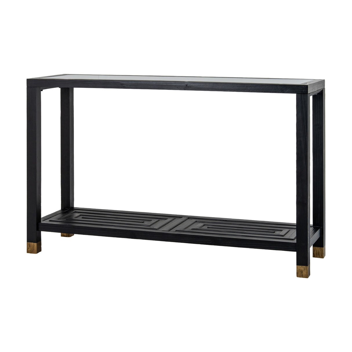 Hill Interiors Harweld console table with clear glass top, black wooden frame and light wood block feet, shown on a plain white background.