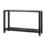 Hill Interiors Harweld console table with clear glass top, black wooden frame and light wood block feet, shown on a plain white background.