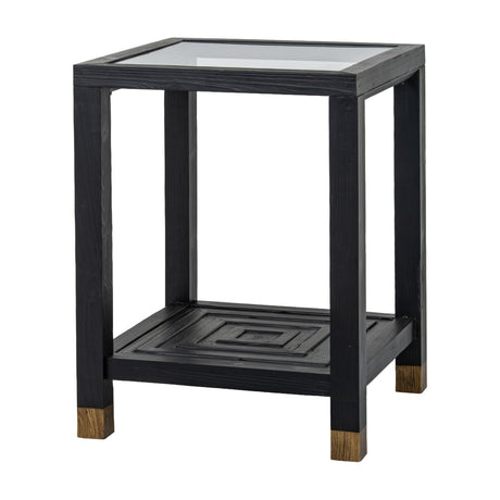 Hill Interiors Harweld wooden side table in matt black with a square glass inset top, lower shelf and contrasting natural wood foot caps.