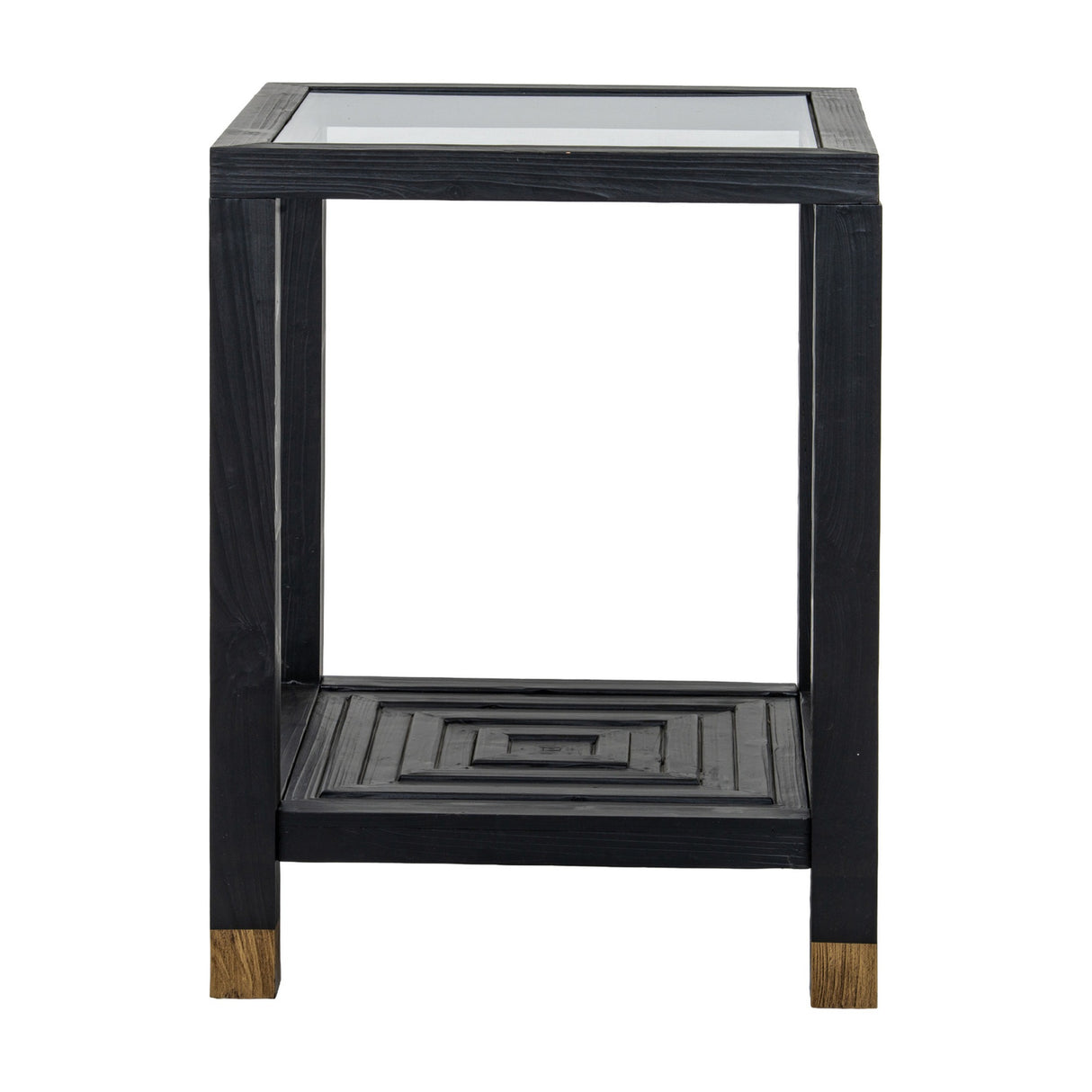 Hill Interiors Harweld wooden side table in matt black with a square glass inset top, lower carved shelf and contrasting timber feet.