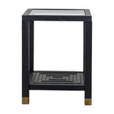 Hill Interiors Harweld wooden side table in matt black with a square glass inset top, lower carved shelf and contrasting timber feet.