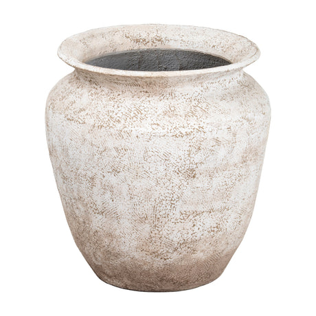 Hill Interiors Rustic Wash Concrete Planter in natural cream with a weathered textured finish, rounded urn shape and wide opening, on a plain background.