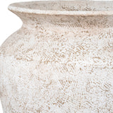 Close-up of the Hill Interiors Rustic Wash Concrete Planter showing its wide rim, rounded form, and textured white-washed finish over natural concrete.
