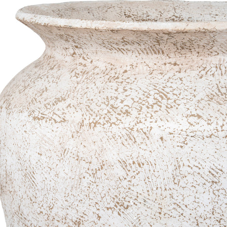 Close-up of the Hill Interiors Rustic Wash Concrete Planter showing its wide rim, rounded form, and textured white-washed finish over natural concrete.