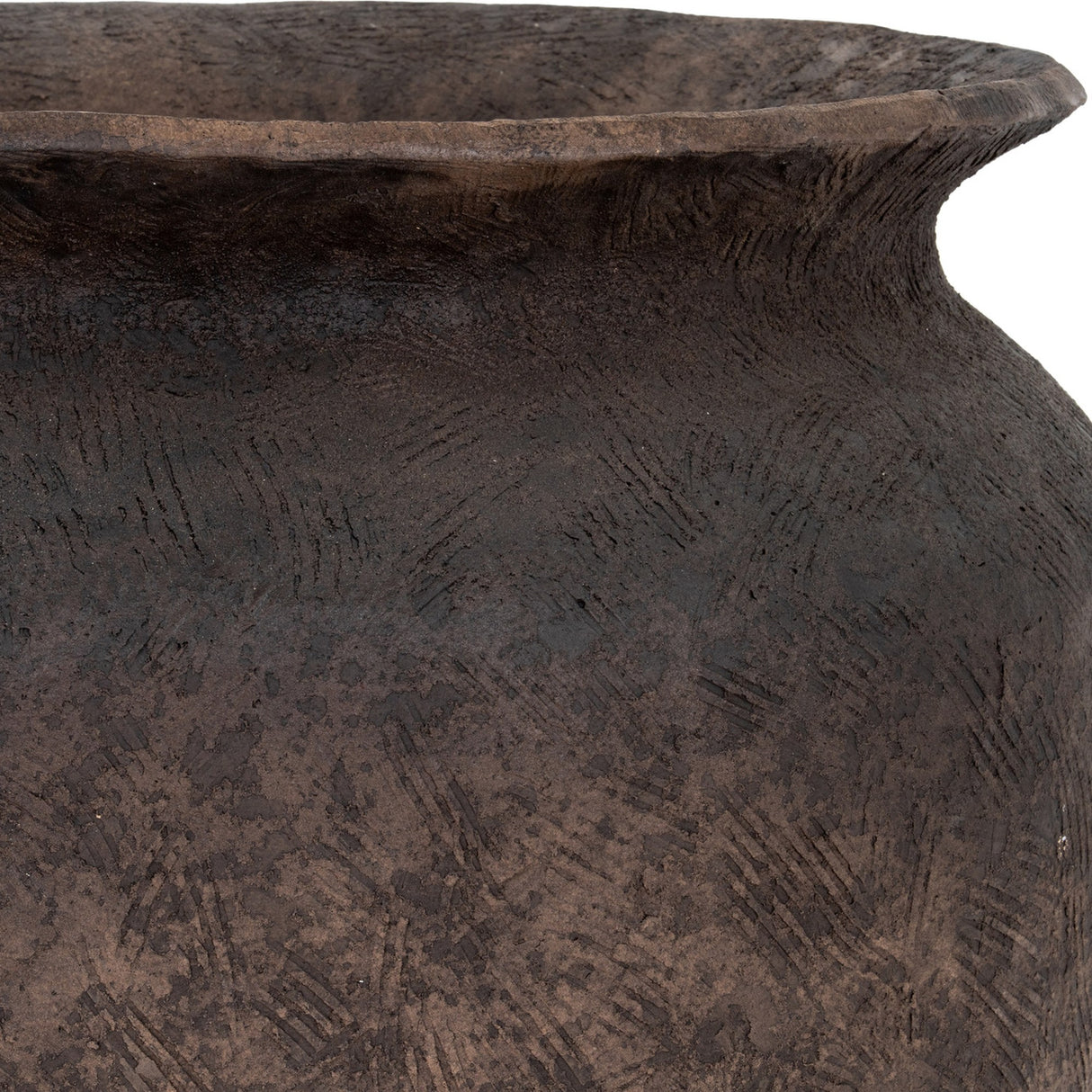 Close-up of Hill Interiors Earthen Wash Concrete Planter showing the wide rim, softly washed dark brown finish and textured, handmade-look surface.