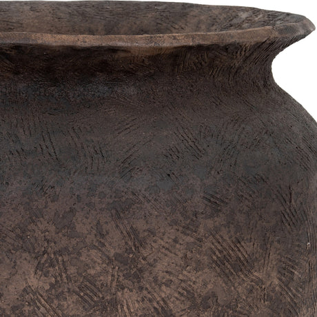 Close-up of Hill Interiors Earthen Wash Concrete Planter showing the wide rim, softly washed dark brown finish and textured, handmade-look surface.