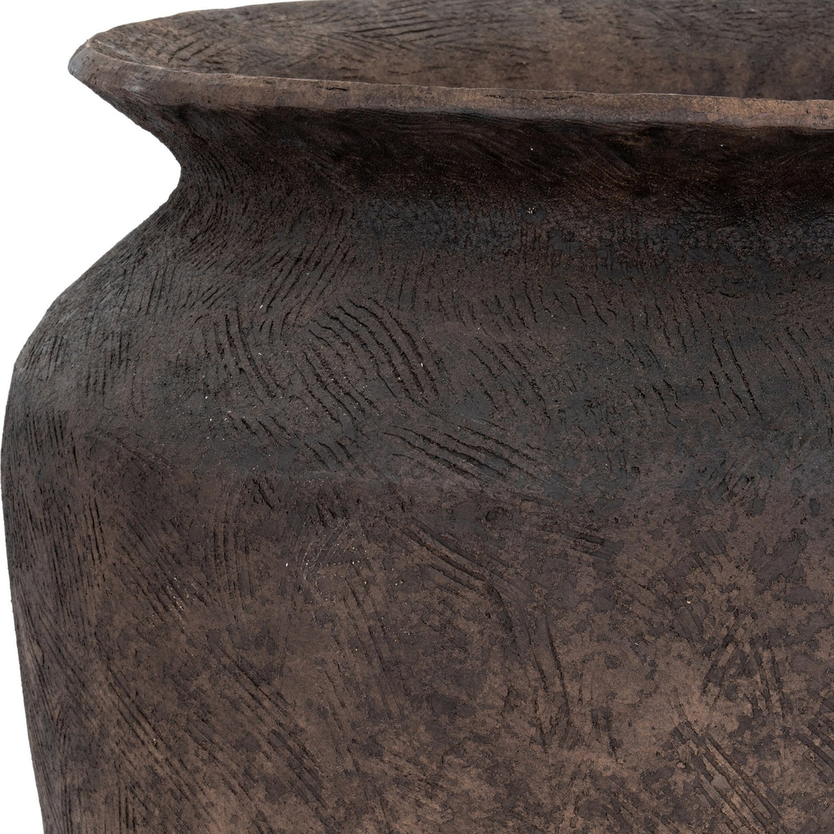Close-up of the Hill Interiors Earthen Wash Concrete Planter showing its wide flared rim, tapered shoulder and textured dark brown washed surface.