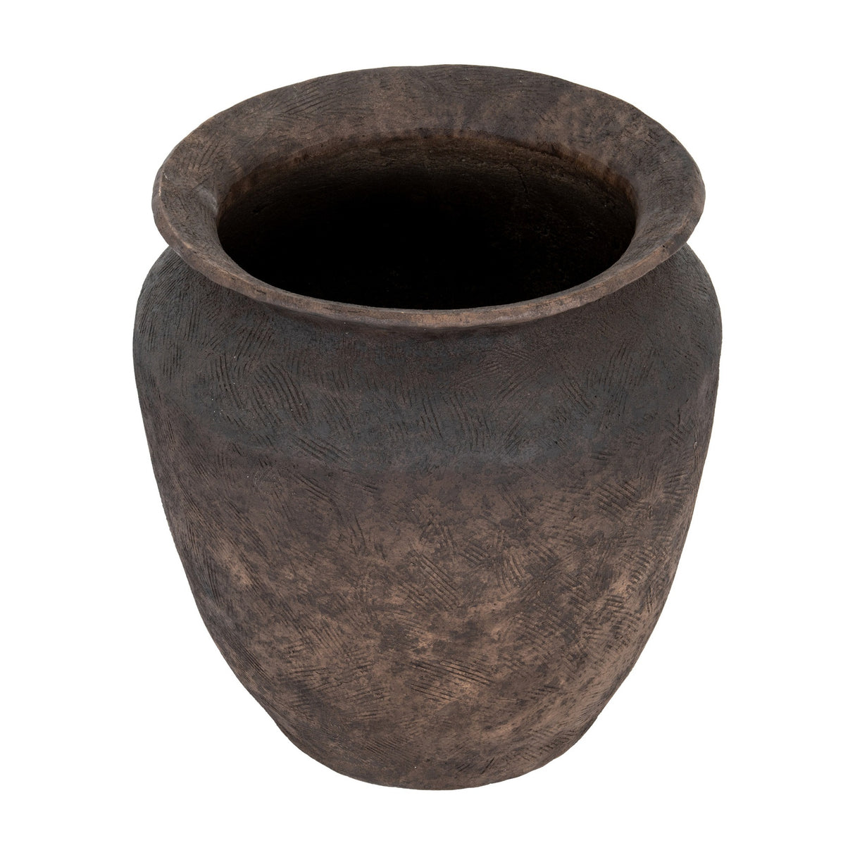 Hill Interiors Earthen Wash Concrete Planter shown from above, revealing its wide opening, rolled rim and tonal brown washed surface on a white background.