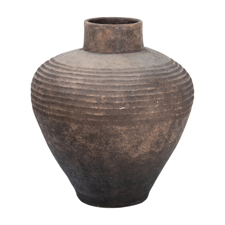 Hill Interiors Earthen Wash Concrete Planter 72cm with a rounded body, ribbed upper shoulder and narrow neck in weathered brown tones, on white.