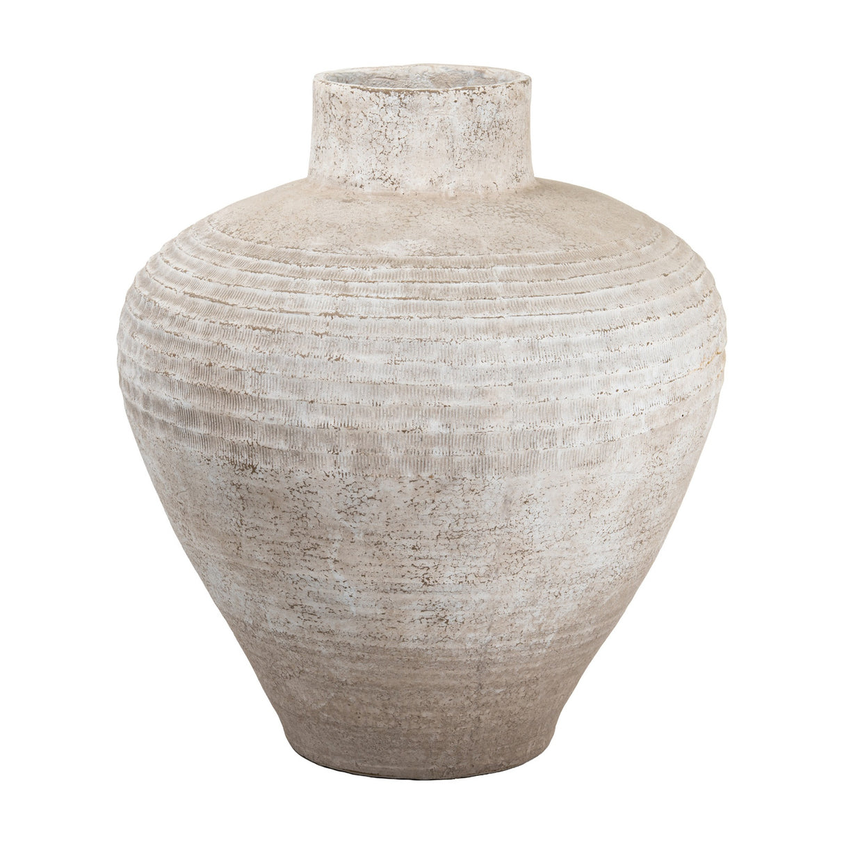 Hill Interiors Rustic Wash Concrete Planter with a wide rounded body, short neck and textured ribbed detailing in a weathered natural finish.