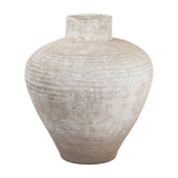 Hill Interiors Rustic Wash Concrete Planter with a wide rounded body, short neck and textured ribbed detailing in a weathered natural finish.