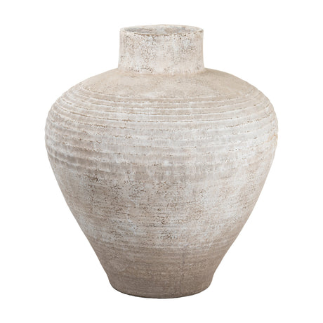 Hill Interiors Rustic Wash Concrete Planter with a wide rounded body, short neck and textured ribbed detailing in a weathered natural finish.