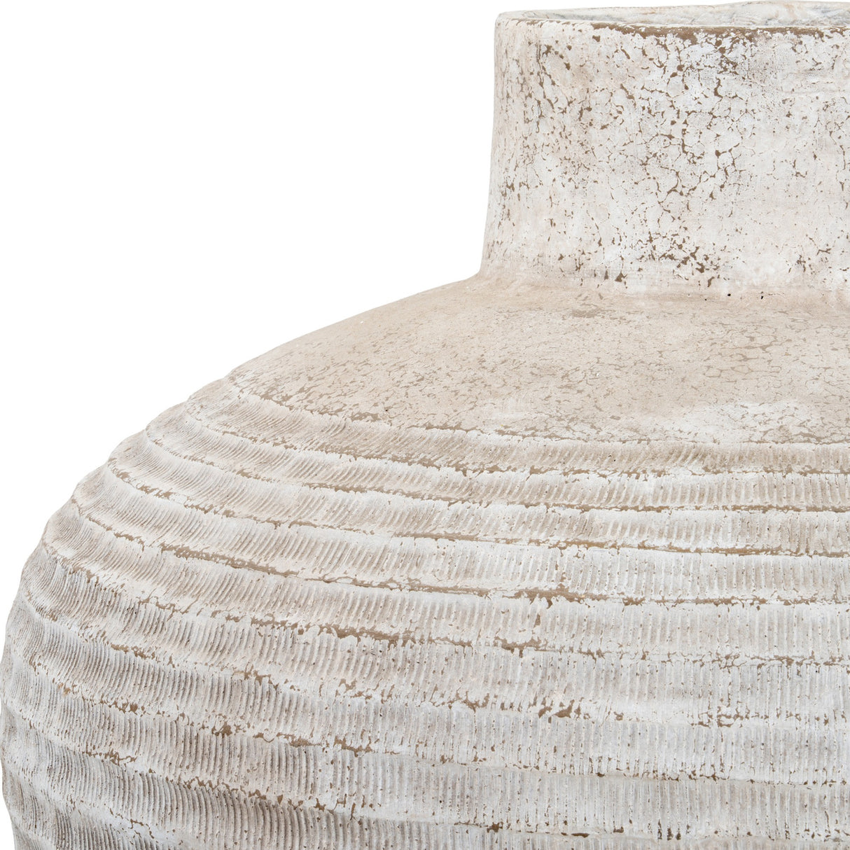 Close-up of Hill Interiors Rustic Wash Concrete Planter showing the ribbed lower body, smooth shoulder and cylindrical neck in a weathered natural finish.