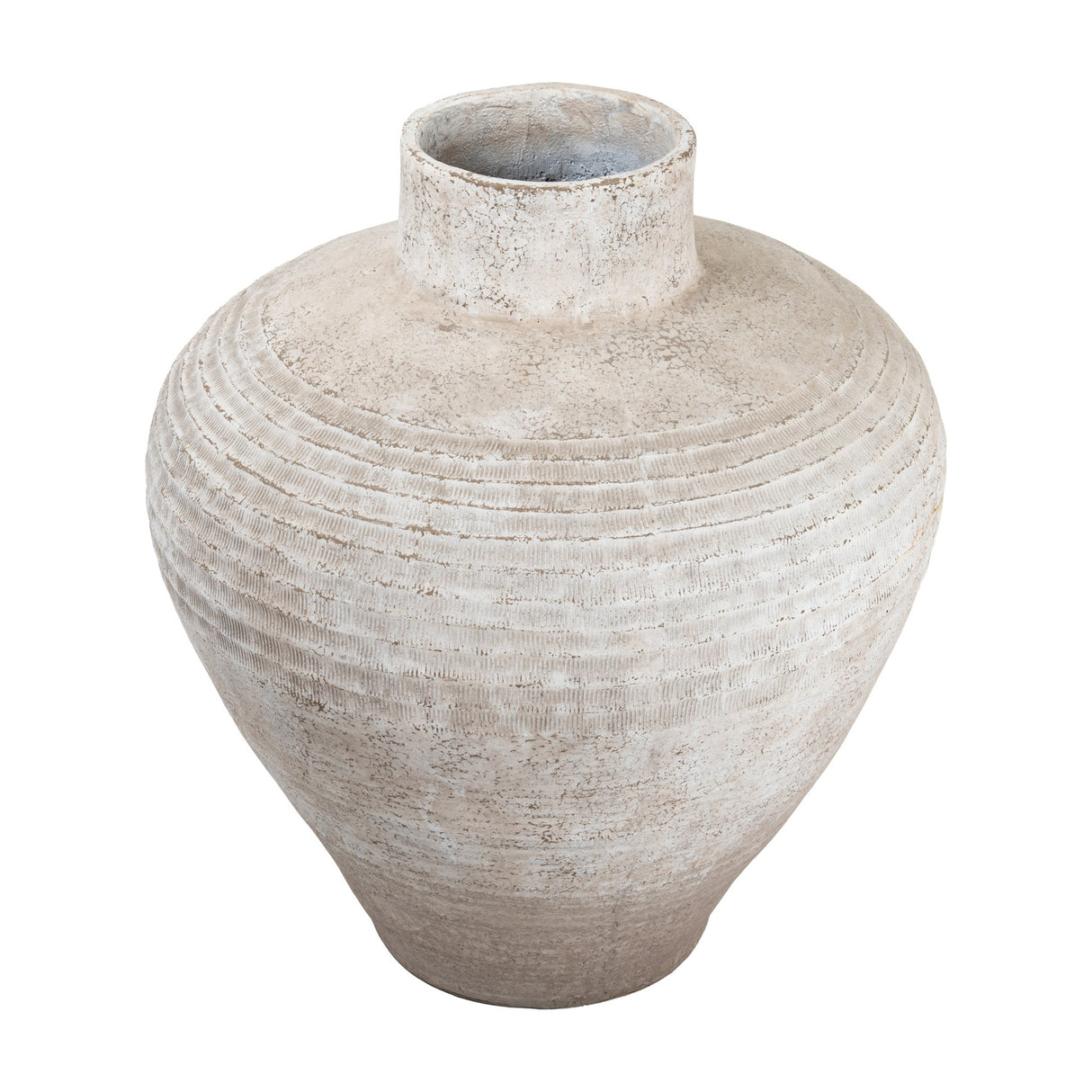 Hill Interiors Rustic Wash Concrete Planter with ribbed textured body, narrow neck and wide opening in a weathered natural finish on a plain background.