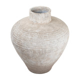 Hill Interiors Rustic Wash Concrete Planter with ribbed textured body, narrow neck and wide opening in a weathered natural finish on a plain background.