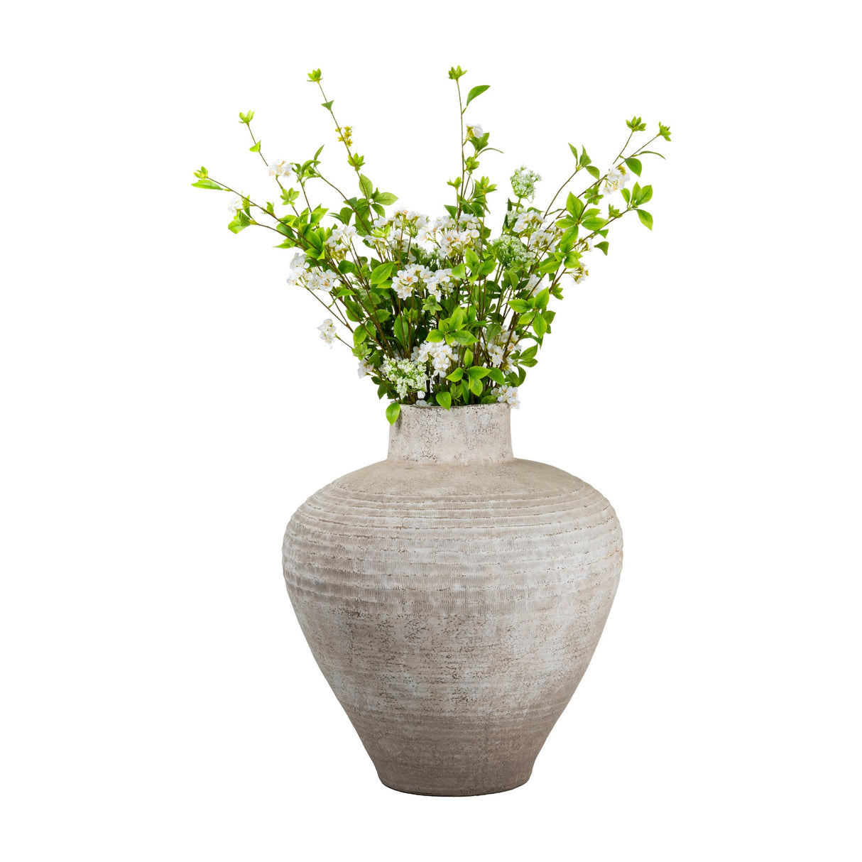 Hill Interiors Rustic Wash Concrete Planter, a large textured urn-shaped floor pot in natural grey, styled with white blossom stems on a plain background.
