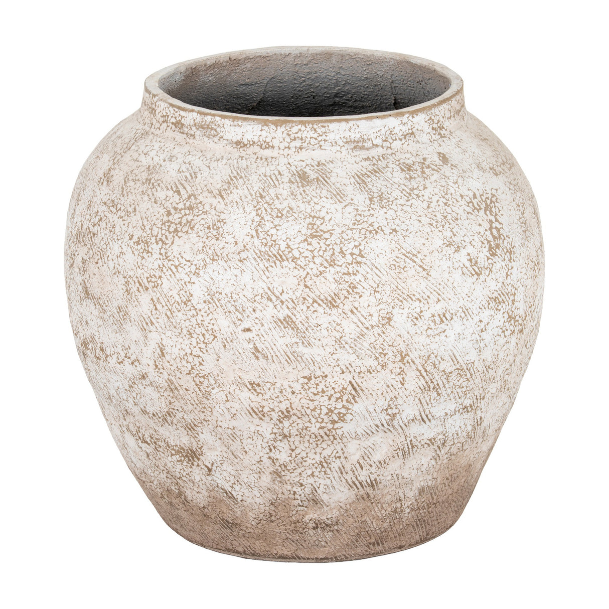 Hill Interiors Rustic Wash Concrete Planter, a large rounded vase-form vessel with weathered white and natural tonal finish, on a plain background.