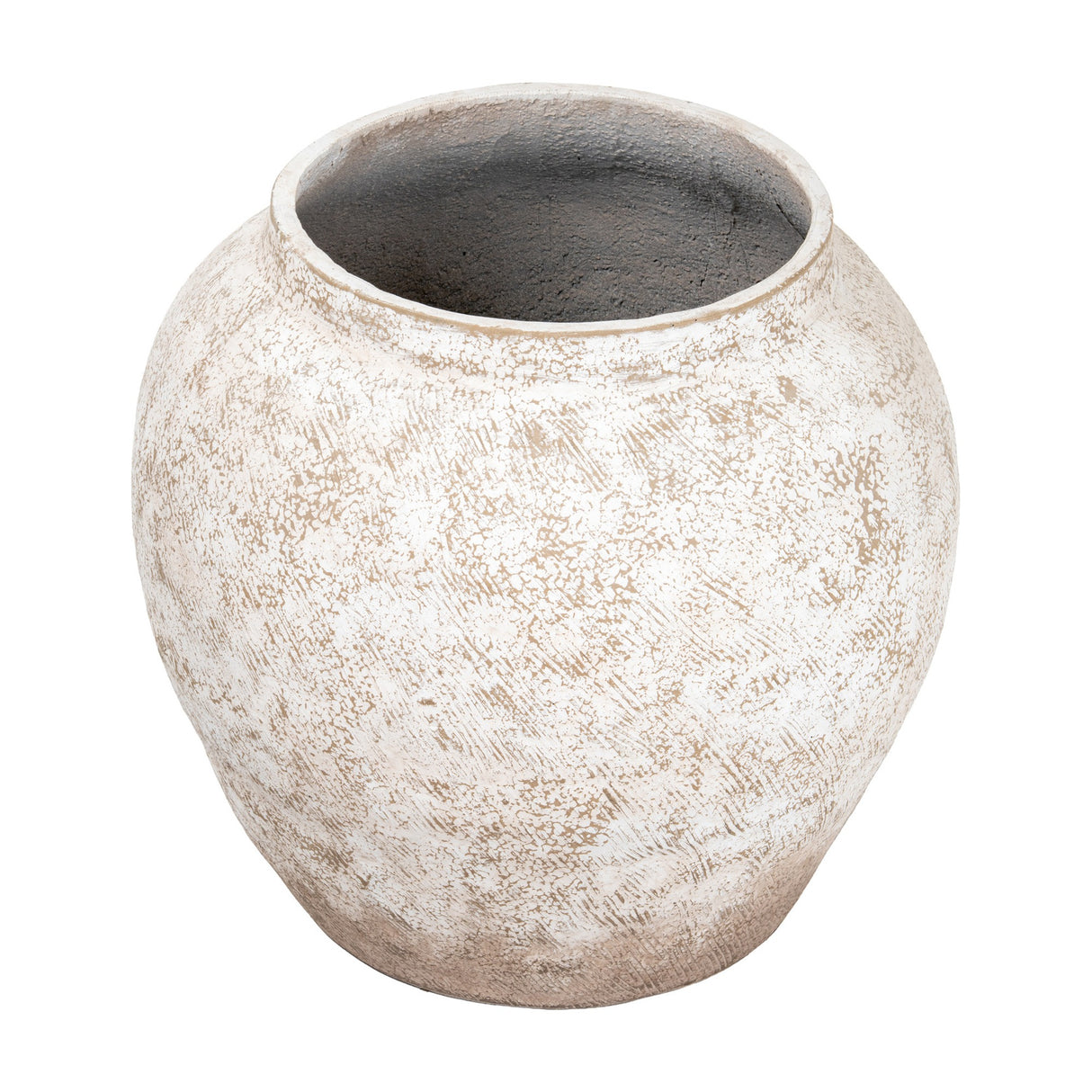 Hill Interiors Rustic Wash Concrete Planter with a rounded vase-like form, weathered white wash over natural tones, and wide opening, on a plain background.
