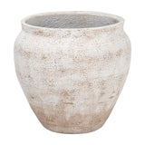 Hill Interiors Rustic Wash Belly Planter in concrete with a rounded body, wide opening and mottled cream finish, shown on a plain white background.
