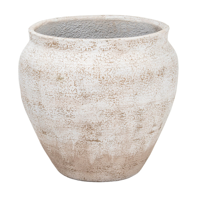 Hill Interiors Rustic Wash Belly Planter in concrete with a rounded body, wide opening and mottled cream finish, shown on a plain white background.