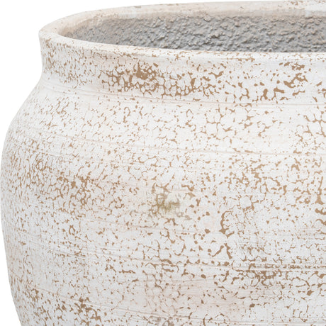 Close-up of Hill Interiors Rustic Wash Belly Planter showing the concrete body with mottled white and beige finish and subtle horizontal ridging.