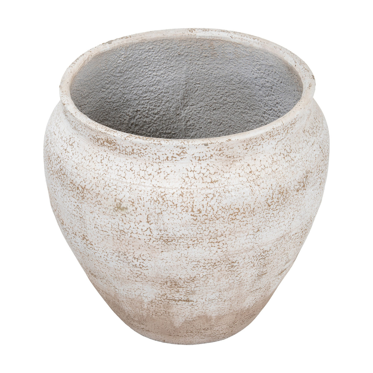 Hill Interiors Rustic Wash Belly Planter in concrete with a mottled cream finish and wide rounded opening, shown from above on a white background.