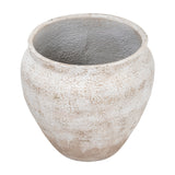 Hill Interiors Rustic Wash Belly Planter in concrete with a mottled cream finish and wide rounded opening, shown from above on a white background.