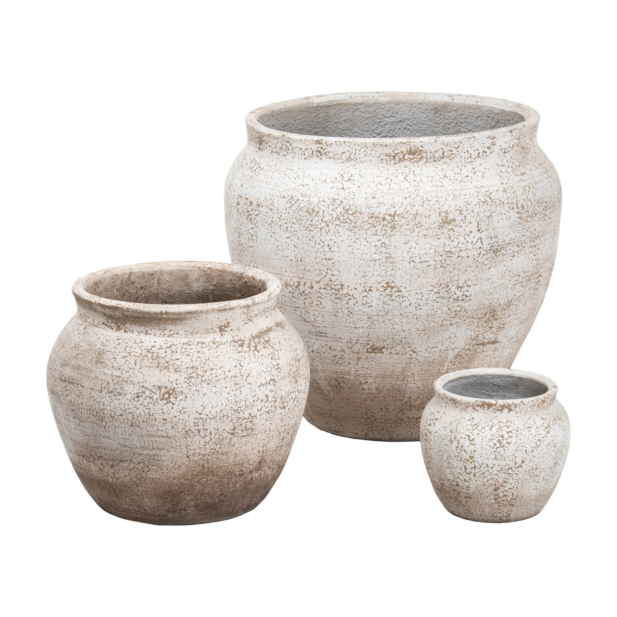 Hill Interiors Rustic Wash Belly Planters set of three in concrete with mottled cream finish, rounded bellied forms in graduated sizes on a white background.