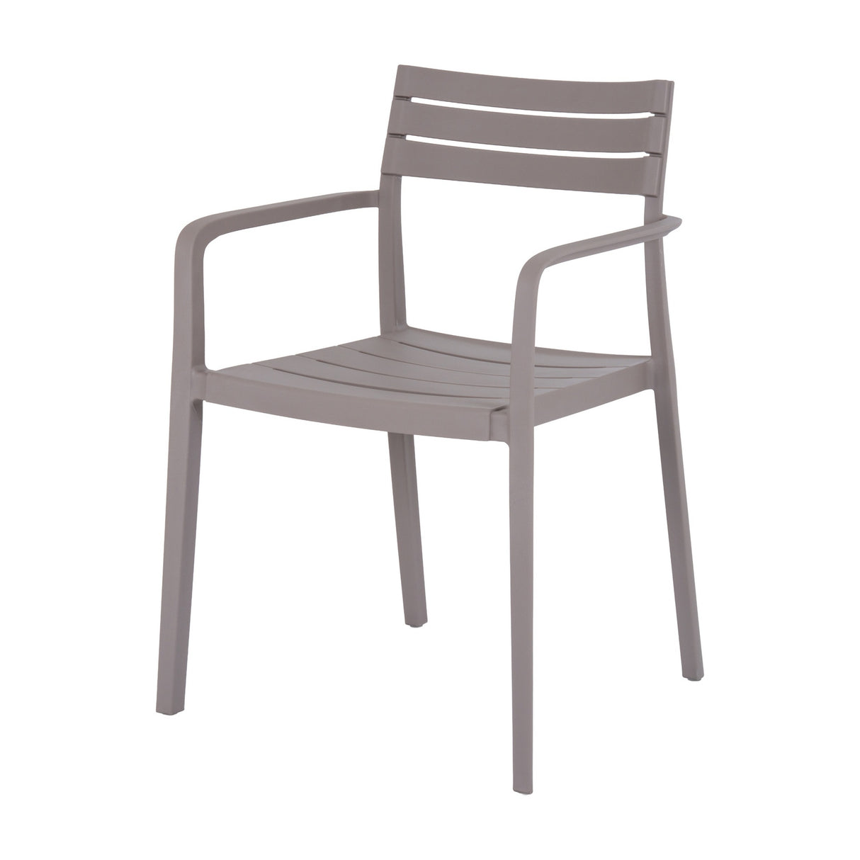 Hill Interiors Stone Carver Accent Chair in beige moulded plastic with a slatted back and seat, curved armrests and slender legs, on a white background.