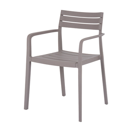 Hill Interiors Stone Carver Accent Chair in beige moulded plastic with a slatted back and seat, curved armrests and slender legs, on a white background.