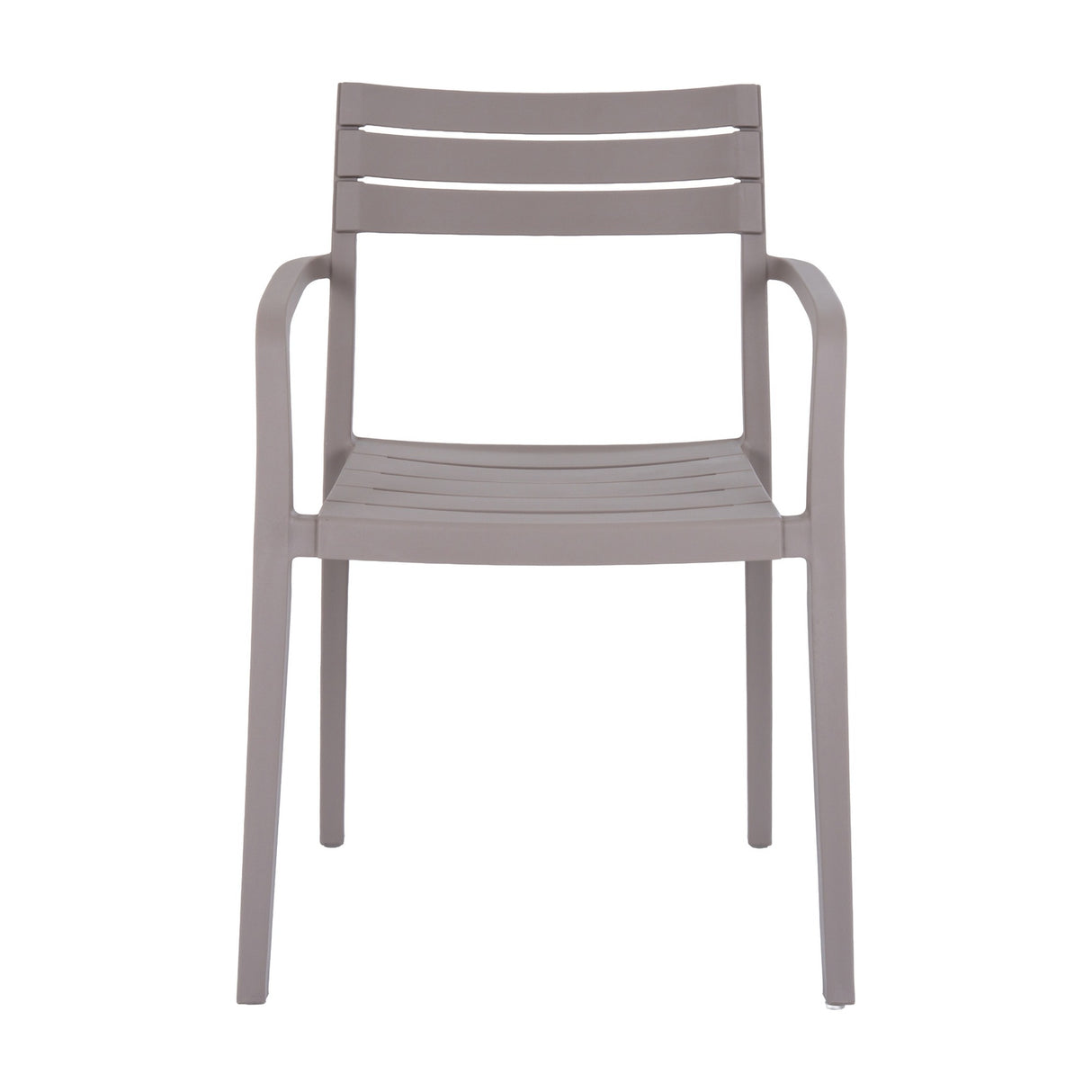 Hill Interiors Stone Carver Accent Chair in beige moulded plastic with slatted back and seat, curved armrests and slender legs, on a white background.