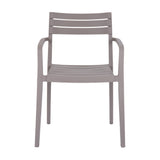 Hill Interiors Stone Carver Accent Chair in beige moulded plastic with slatted back and seat, curved armrests and slender legs, on a white background.
