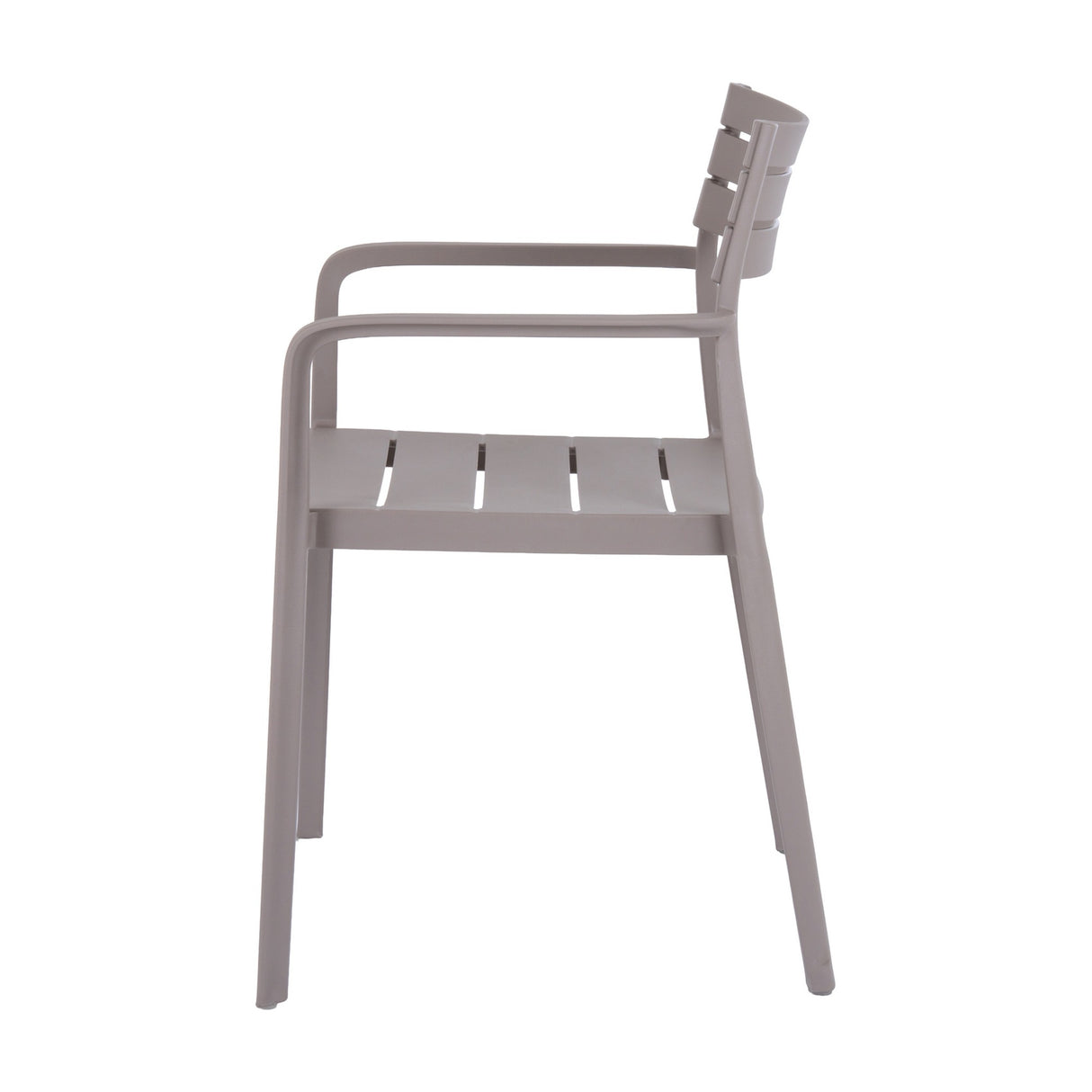 Side view of the Hill Interiors Stone Carver accent chair in beige moulded plastic, showing slatted seat, curved armrest and slim legs on a white background.