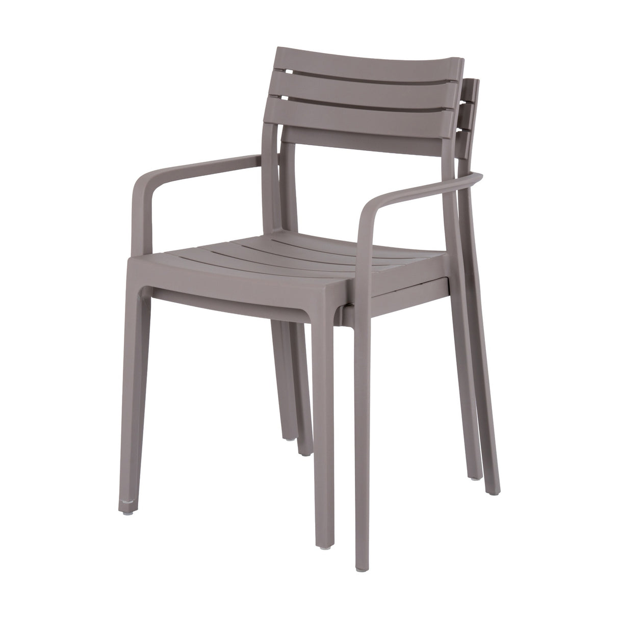 Hill Interiors Stone Carver Accent Chair in beige moulded plastic, with slatted back and seat, curved armrests and slender legs, on a white background.