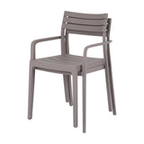 Hill Interiors Stone Carver Accent Chair in beige moulded plastic, with slatted back and seat, curved armrests and slender legs, on a white background.
