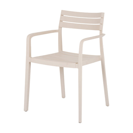 Hill Interiors Carver Accent Chair in beige moulded plastic with slatted back, contoured armrests and curved seat, shown on a plain white background.