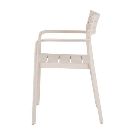 Side view of the Hill Interiors Carver Accent Chair in beige, showing the moulded plastic frame with slatted seat, curved armrests and slim tapered legs.