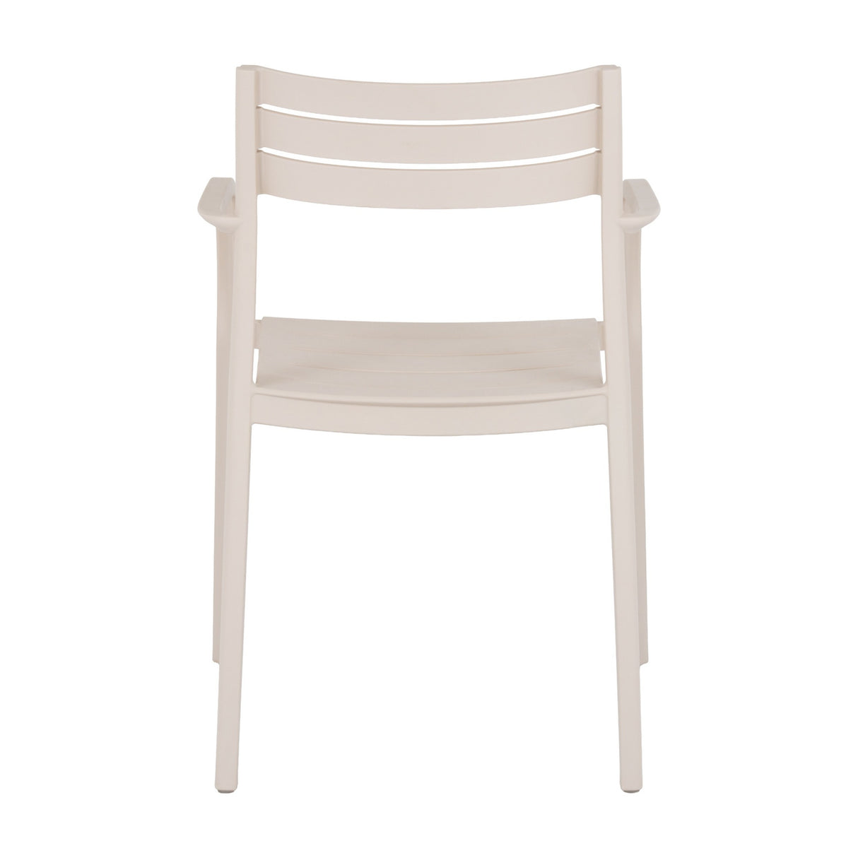 Hill Interiors Carver Accent Chair in beige moulded plastic with slatted curved backrest, contoured armrests and shaped seat, shown on a plain white background.