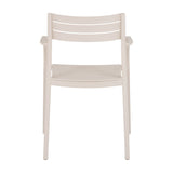 Hill Interiors Carver Accent Chair in beige moulded plastic with slatted curved backrest, contoured armrests and shaped seat, shown on a plain white background.