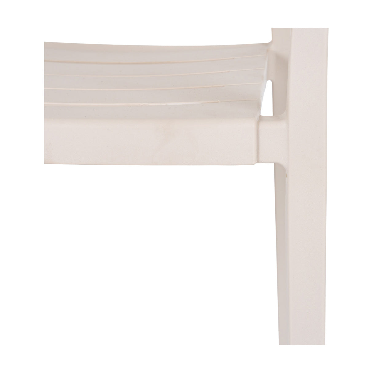 Close-up of the Hill Interiors Carver Accent Chair in beige, showing the moulded plastic seat edge and straight leg against a white background.