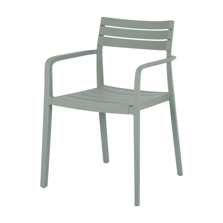 Hill Interiors Carver Accent Chair in grey plastic with a slatted back, moulded seat and curved armrests, shown on a plain white background.