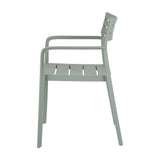 Side view of the Hill Interiors Carver Accent Chair in soft French grey plastic, showing slatted seat, curved armrests and slim legs on a white background.