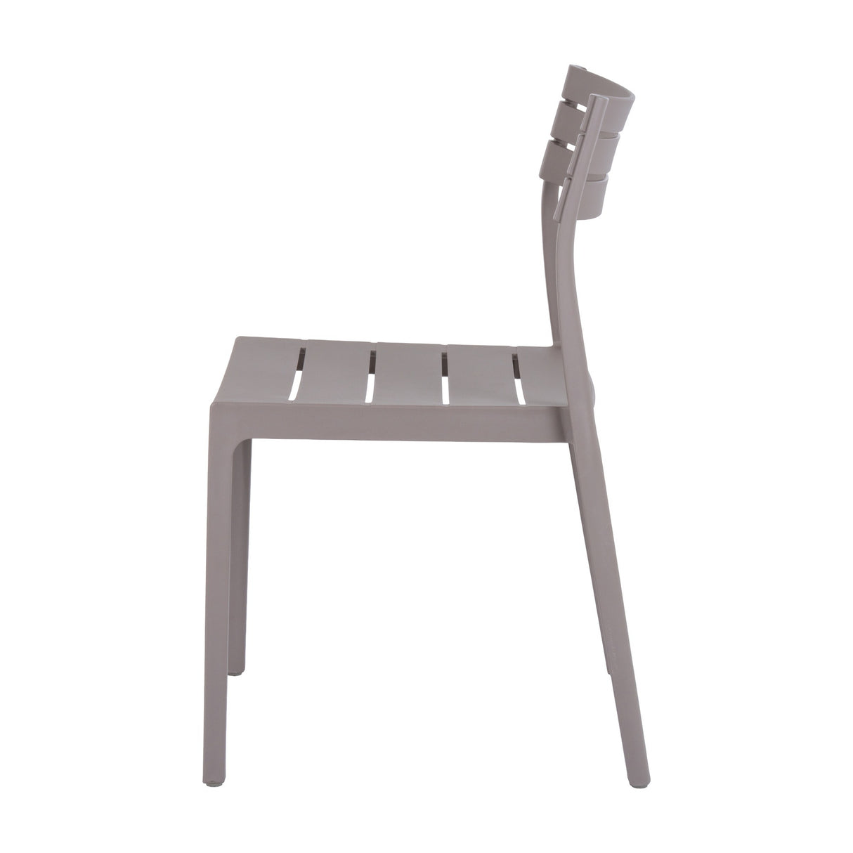 Hill Interiors Stone-Effect Moulded Accent Chair in beige, side view showing slatted seat, curved backrest and tapered legs on a plain background.