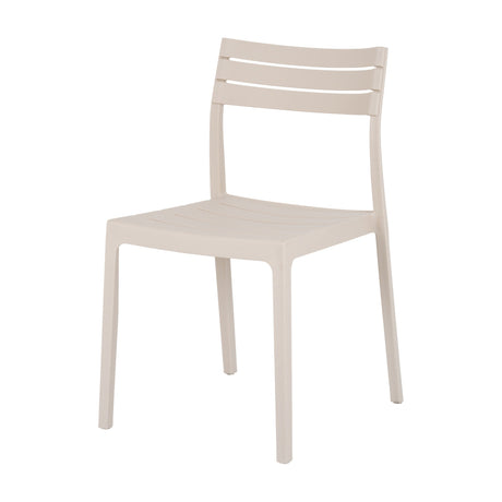 Hill Interiors Slatted-Back Accent Chair in beige moulded plastic with curved seat and slatted backrest, shown against a plain white background.