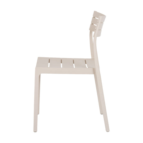Side view of Hill Interiors Slatted-Back Accent Chair in beige, moulded plastic with slatted seat and back, shown on a plain white background.