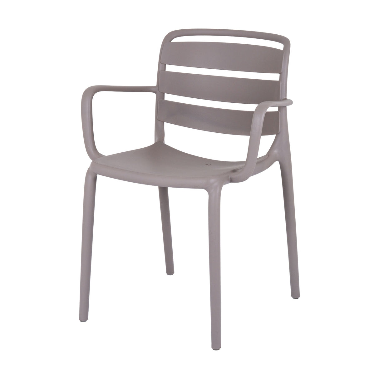 Hill Interiors Stone Carver Accent Chair in beige moulded plastic with slatted backrest, curved arms and slim tapered legs on a white background.