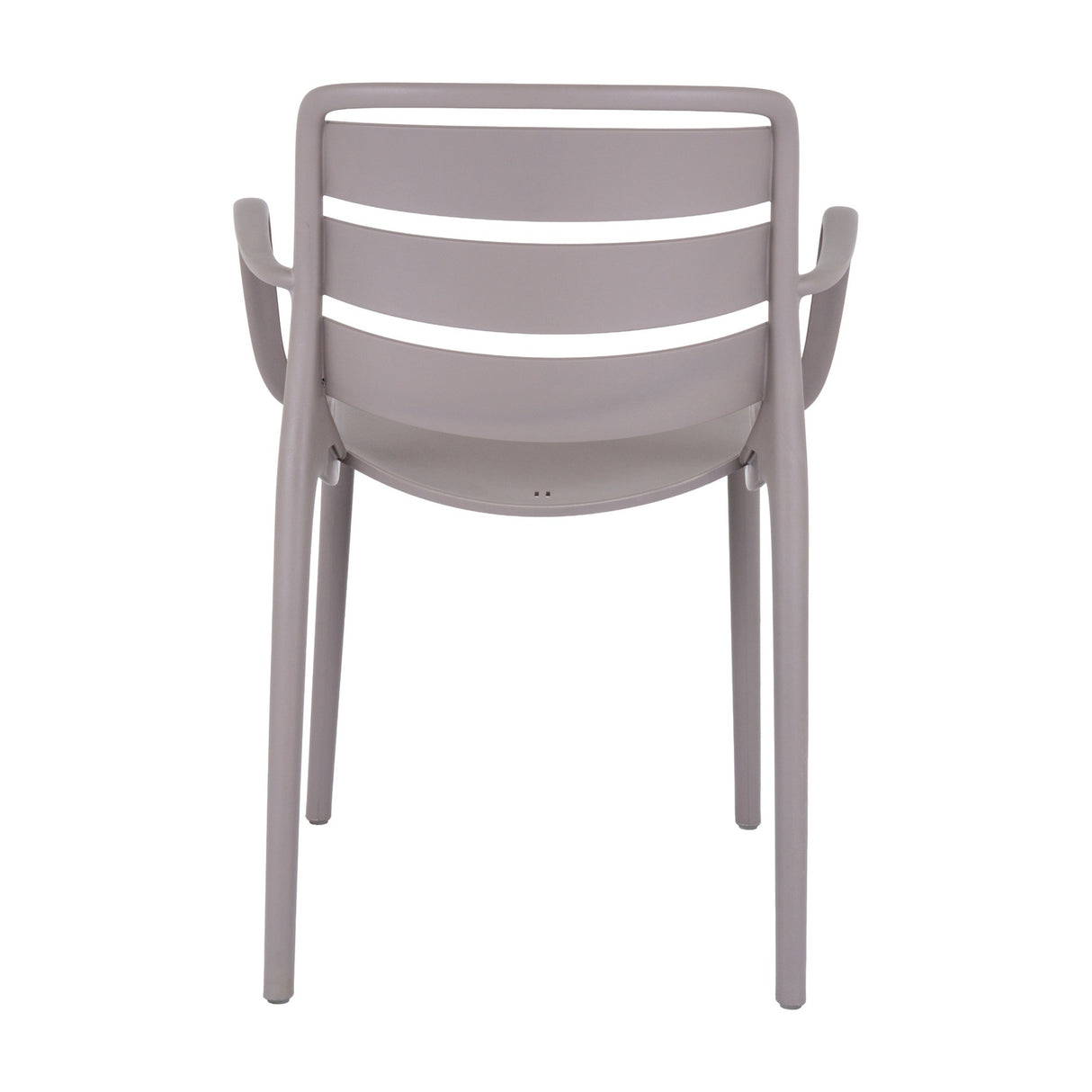 Rear view of the Hill Interiors Stone Carver Accent Chair in beige, showing the slatted curved backrest, rounded arms and moulded plastic legs.