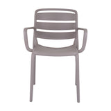 Hill Interiors Stone Carver Accent Chair in beige moulded plastic with slatted backrest, curved arms and matte finish, shown on a plain white background.