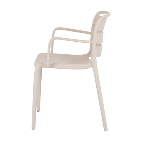 Side view of Hill Interiors Moulded Plastic Carver Chair in beige, showing sculpted arms, slatted back and matte finish against a plain white background.