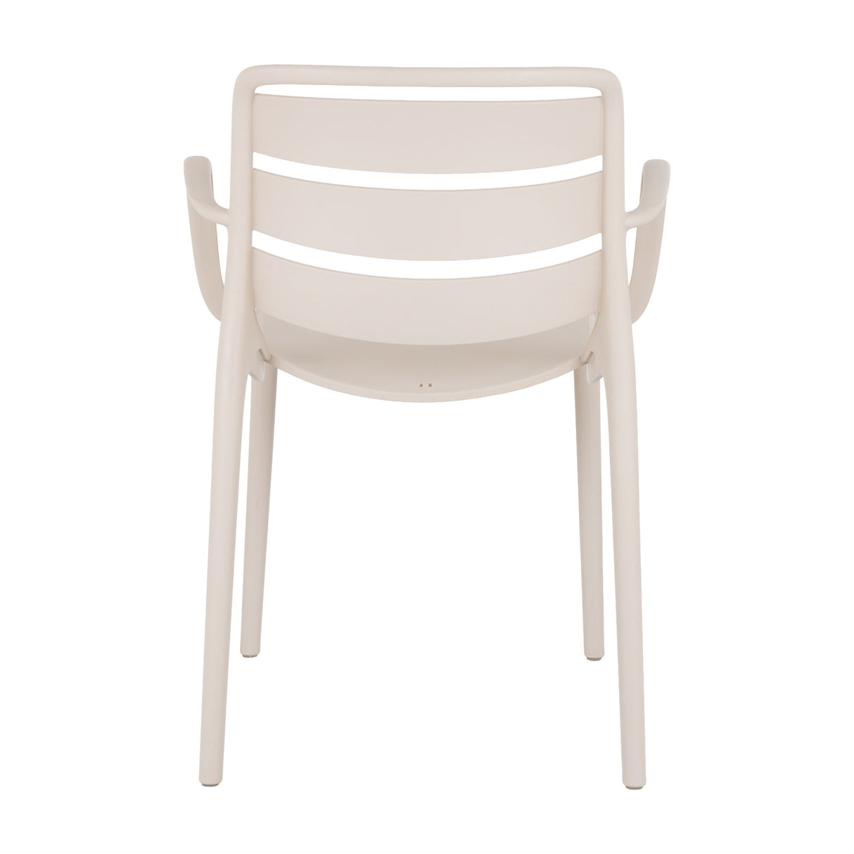 Rear view of the Hill Interiors Moulded Plastic Carver Chair in beige, showing slatted back, curved arms and tapered legs on a white background.